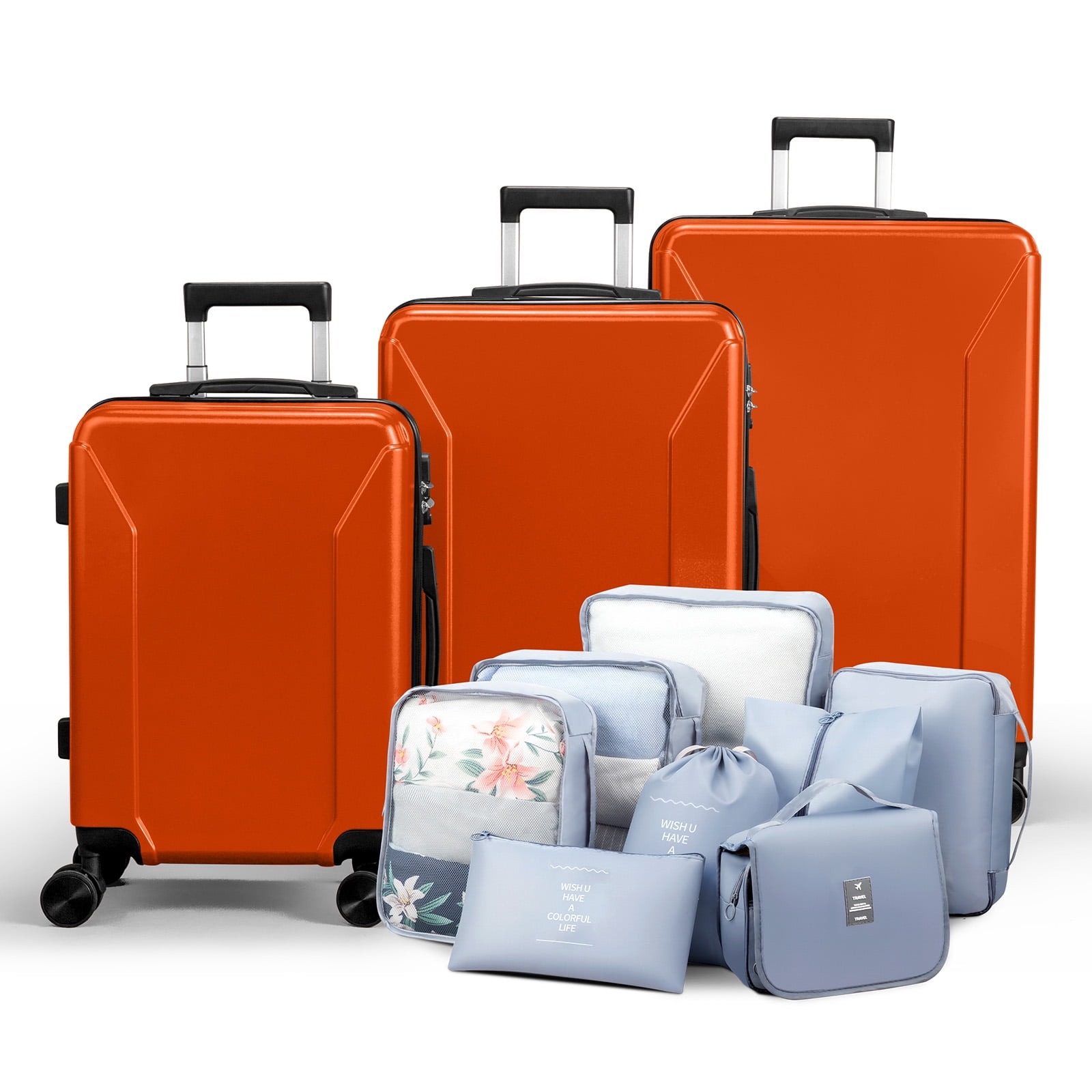 Zimtown 3-Piece Luggage Set with 8 Packing Cubes, Hard Shell Suitcases with Spinner Wheels TSA Lock, Orange