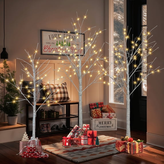 Zimtown 3 Set Lighted Birch Tree, LED Artificial Tree with Warm White Lights, Little Christmas Tree for Inside and Outside Decorations