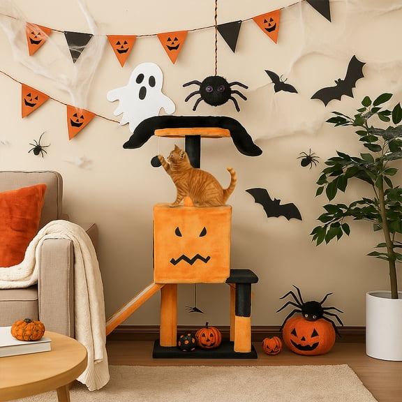 Zimtown 3-Tier Halloween Cat Tower with Scratching Post, Orange & Black