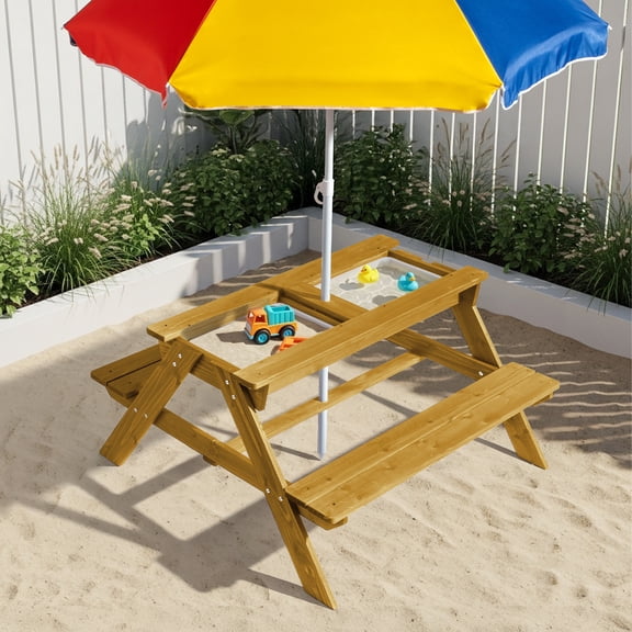 Zimtown 3-in-1 Kids Picnic Table Wooden Sand & Water Table with Umbrella & Play Boxes for Indoor Outdoor, Natural