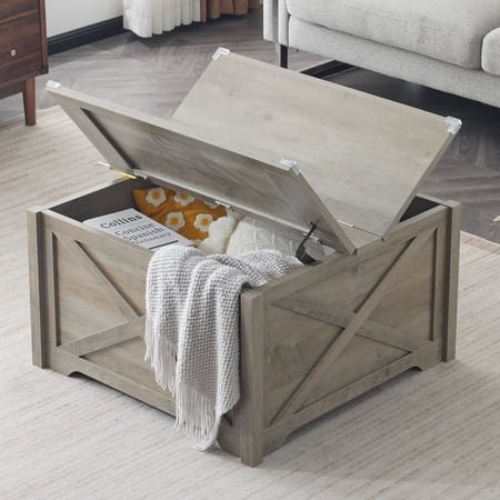 Zimtown 31.5" Farmhouse Coffee Table with Concealed Storage, Rectangle Lift Top Table for Living Room, Rustic Gray