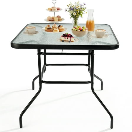 Zimtown 31" Outdoor Dining Table with Glass Top w/ Umbrella Hole for Patio Garden Poolside, Black Steel Frame