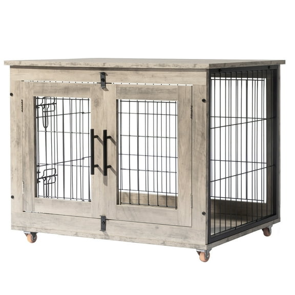 Zimtown 31In Indoor Dog Crate Furniture, Double Door Wooden Pet Cage with Removable Tray, End Table, Light Gray