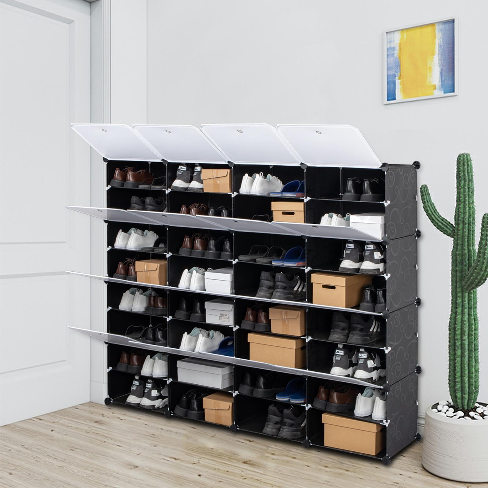 Zimtown 32-Cube Stackable Shoe Organizer, DIY Plastic Shoe Storage Rack 64 Pair Modular Shoe Cabinet, Black
