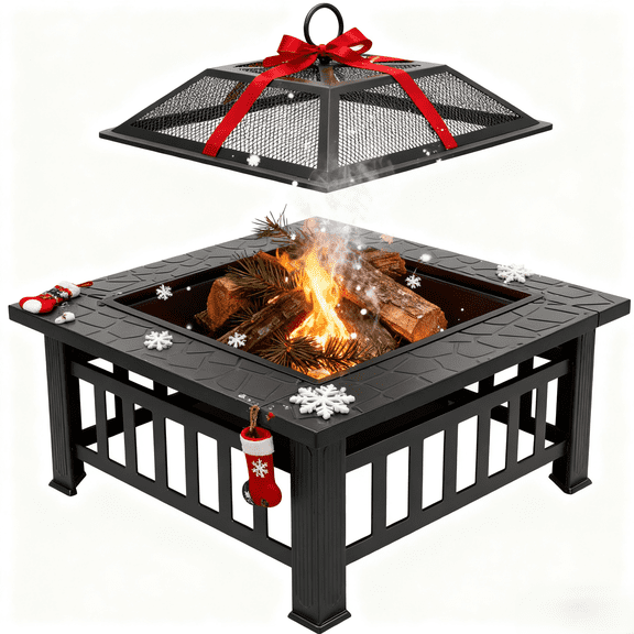 Zimtown 32" Square Metal Fire Pit with Mesh Lid & Poker for Outdoor Garden Black