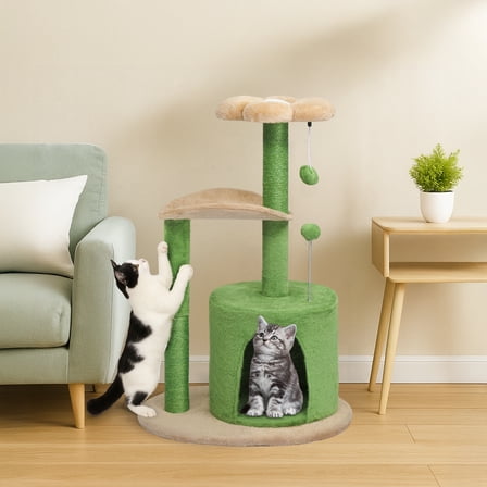 Zimtown 33in Grass Green Cat Tree, Multi-Level Playground with Scratching Post, Perch & Plush Bed