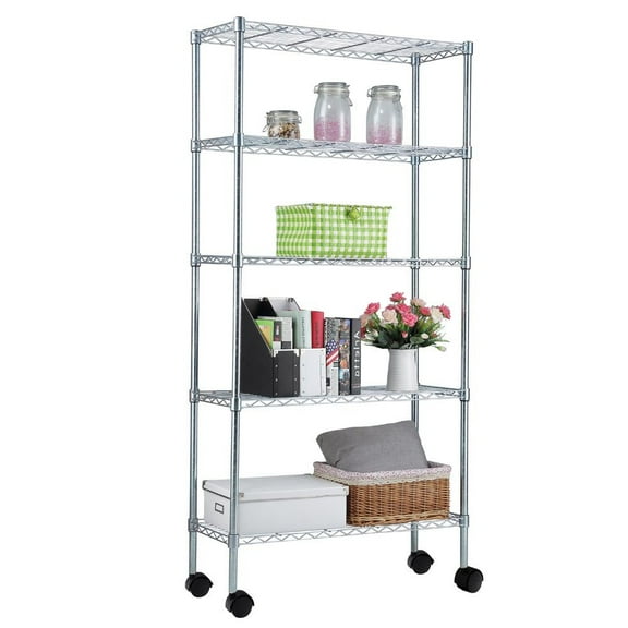 Zimtown 35"W x 14"D x 65"H 5-Tier Metal Wire Shelving Organizer Storage Rack Silver w/4 Wheels