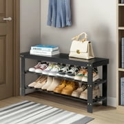 Zimtown 3 Tier Solid Bamboo Shoe Rack Bench, 11.02'' x 35.43'' x 17.72'' Storage Seat Organizer for Entryway Hallway, Black