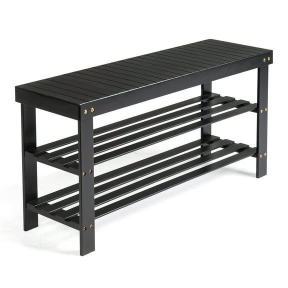 Zimtown 3 Tier Solid Bamboo Shoe Rack Bench, 11.02'' x 35.43'' x 17.72'' Storage Seat Organizer for Entryway Hallway, Black