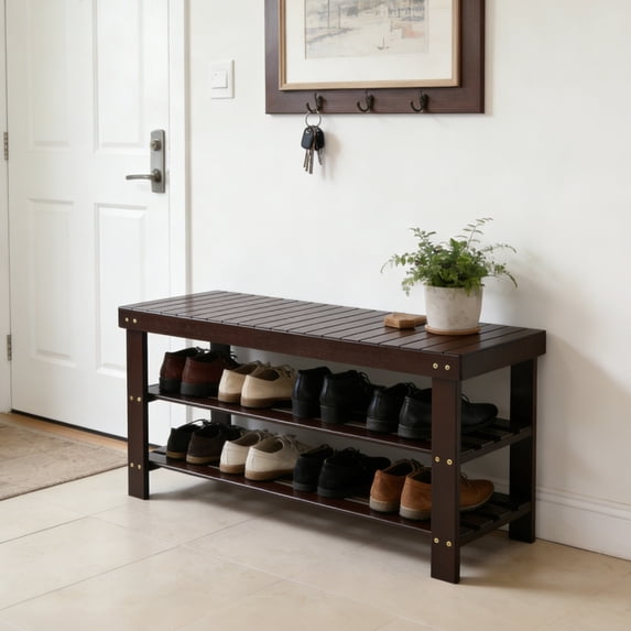 Zimtown 3 Tier Solid Bamboo Shoe Rack Bench, 11.02'' x 35.43'' x 17.72'' Storage Seat Organizer for Entryway Hallway, Coffee
