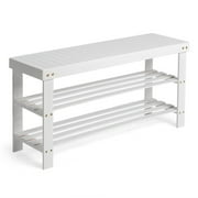 Zimtown 3 Tier Solid Bamboo Shoe Rack Bench, 11.02'' x 35.43'' x 17.72'' Storage Seat Organizer for Entryway Hallway, White
