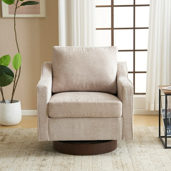 Zimtown 360° Swivel Armchair Comfy Chenille Fabric Upholstered Lounge Chair with Back Cushion for Bedroom Living Room, Khaki