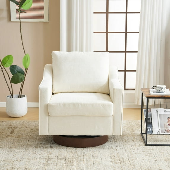Zimtown 360° Swivel Armchair Comfy Chenille Fabric Upholstered Lounge Chair with Back Cushion for Bedroom Living Room, Off White