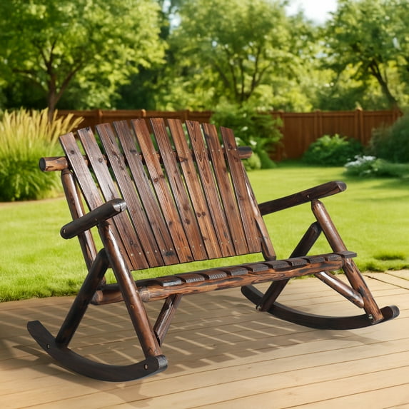 Zimtown 38in Double Wooden Rocking Chair, Outdoor Adirondack Style Patio Garden Furniture, Carbonized Finish