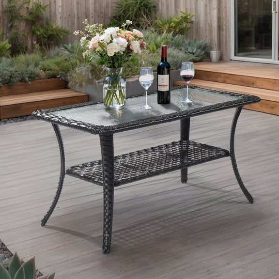 Zimtown 39" Outdoor Coffee Table with Tempered Glass Top and Lower Storage Shelf, PE Wicker Patio Furniture, Black