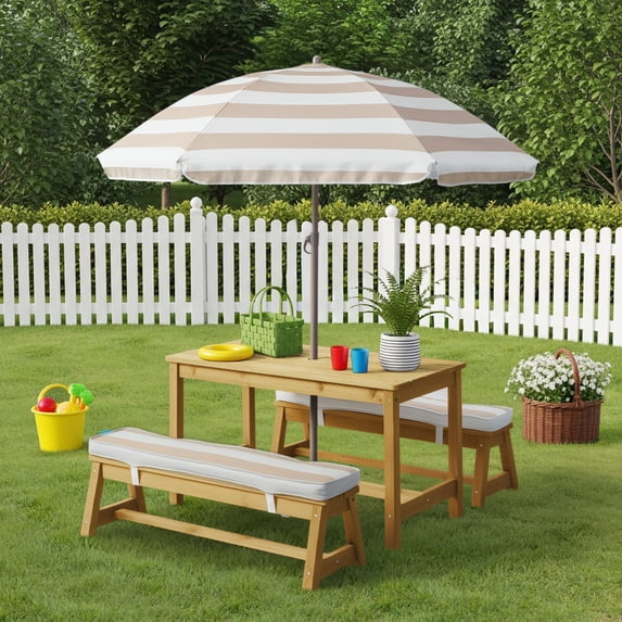 Zimtown 3Pcs Kids Table Set, Child Wood Picnic Set with Cushion & Umbrella, Kids Activity Furniture Set for Indoor Outdoor, Natural