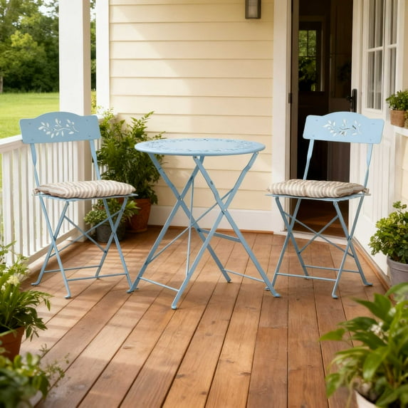 Zimtown 3Pcs Patio Folding Bistro Set w/Cushion, Small Foldable Conversation Set for Indoor Outdoor Balcony, Blue