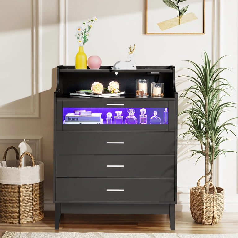 Zimtown 4 Drawer Dresser with Charging Station, Wooden Chest of Drawers  with LED Light for Closet Hallway, Living Room, Entryway, Black -  Walmart.com