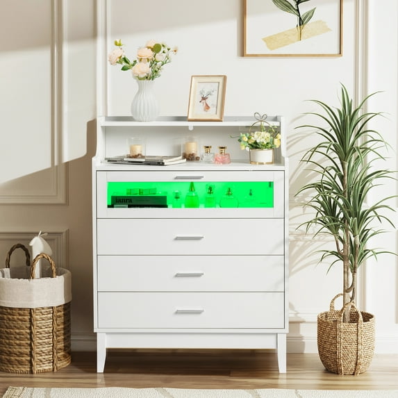 Zimtown 4 Drawer Dresser with Charging Station, Wooden Chest of Drawers with LED Light for Closet Hallway, Living Room, Entryway, Black
