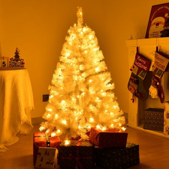 Zimtown 4 FT Pre-lit Artificial Christmas Tree, Hinged Xmas Pine Tree with 346 Branch Tips, 140 Lights and Remote Control for Holiday Party Office Home, White