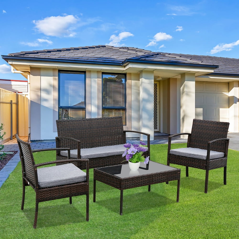 Zimtown 4 PCS Patio Rattan Wicker Furniture Set Loveseat Sofa Cushioned