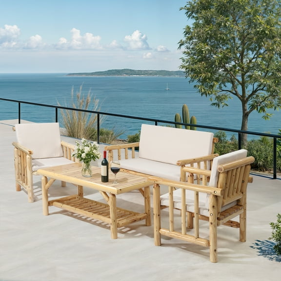 Zimtown 4-Piece Outdoor Conversation Set, Fir Wood Patio Sofa Set for Garden Deck Porch, White