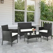 Zimtown 4 Piece Outdoor Conversation Set PE Rattan with Cushions, Patio Wicker Bistro Set with Glass Table
