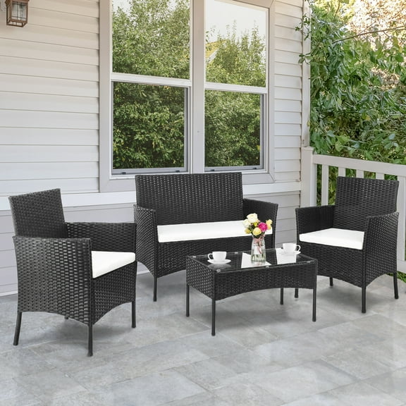 Zimtown 4 Piece Outdoor Conversation Set PE Rattan with Cushions, Patio Wicker Bistro Set with Glass Table