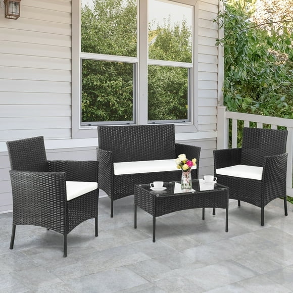 Zimtown 4 Piece Outdoor Conversation Set PE Rattan with Cushions, Patio Wicker Bistro Set with Glass Table