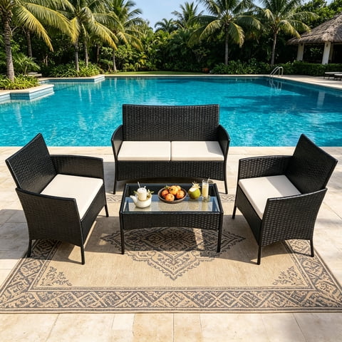 Zimtown 4 Piece Outdoor Conversation Set PE Wicker Black with Cushions, Patio Conversation Set, Rattan Sofa Set for Garden, Deck, Black