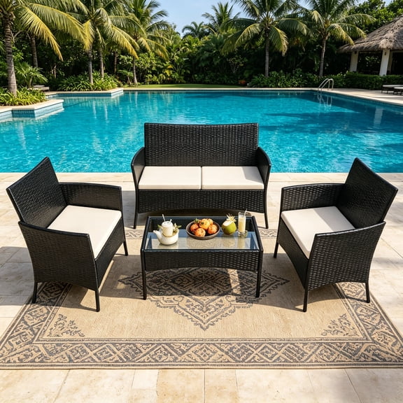 Zimtown 4 Piece Outdoor Conversation Set PE Wicker Black with Cushions, Patio Conversation Set, Rattan Sofa Set for Garden, Deck, Black