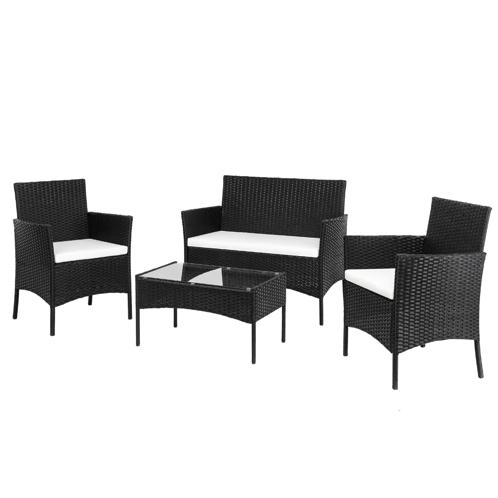 Zimtown 4 Piece Outdoor Conversation Set PE Wicker Black with Cushions