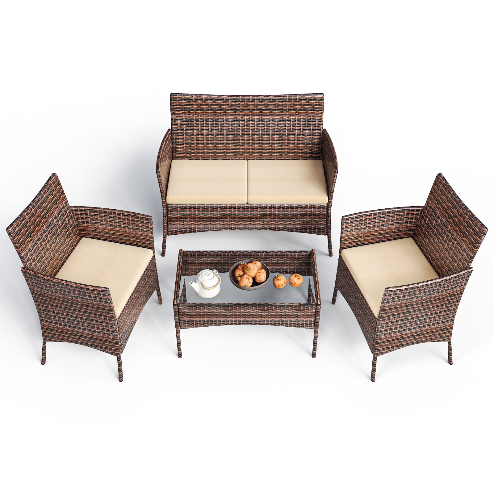 Zimtown 4-Piece Outdoor Wicker Conversation Set, Rattan Sofa Furniture for Garden Patio, Rattan Furniture for Outdoor and Indoor, Brown
