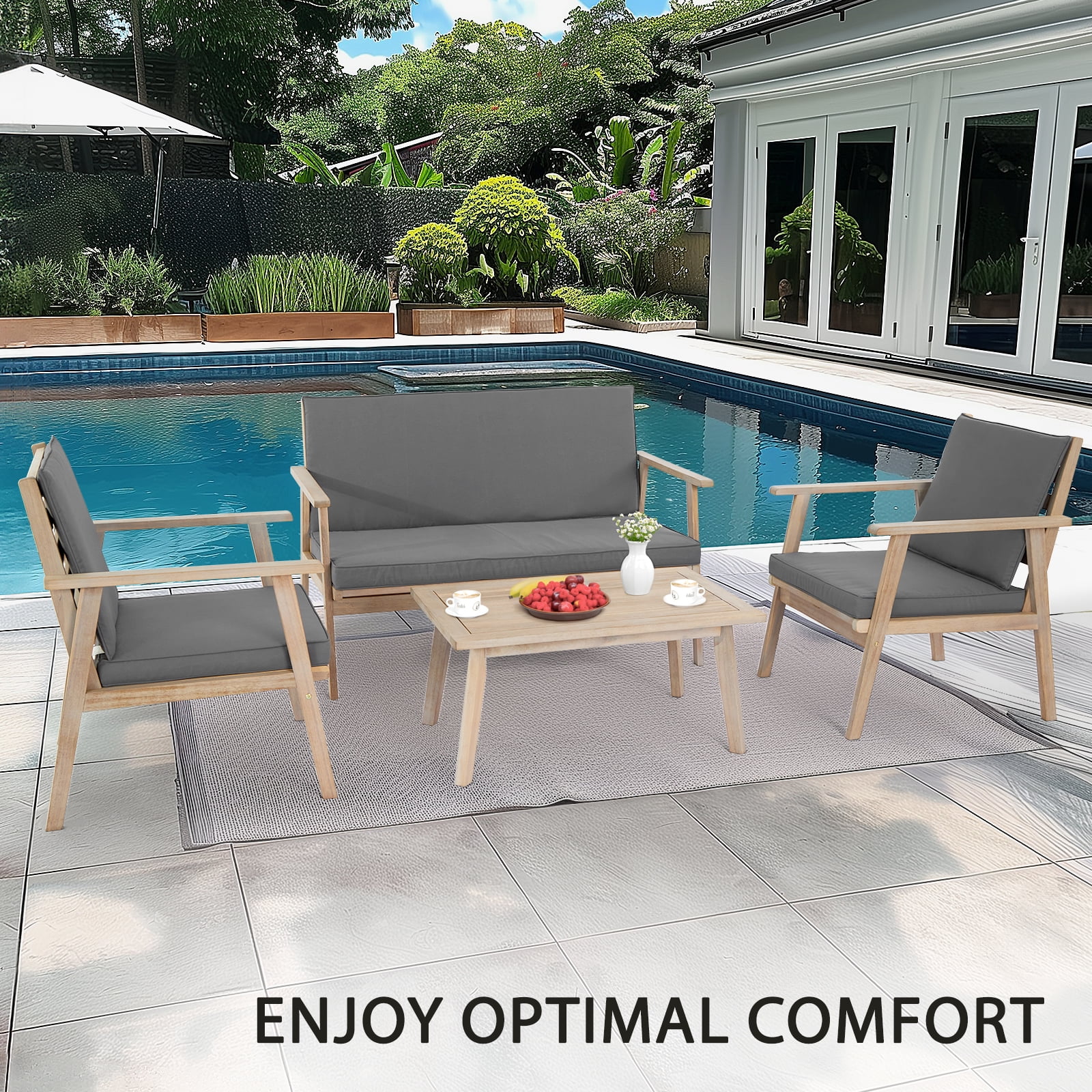 Zimtown 4 Pieces Wood Conversation Set, Acacia Wood Bistro Set w/ Gray Cushion for Outdoor, Patio Set, Wooden Furniture