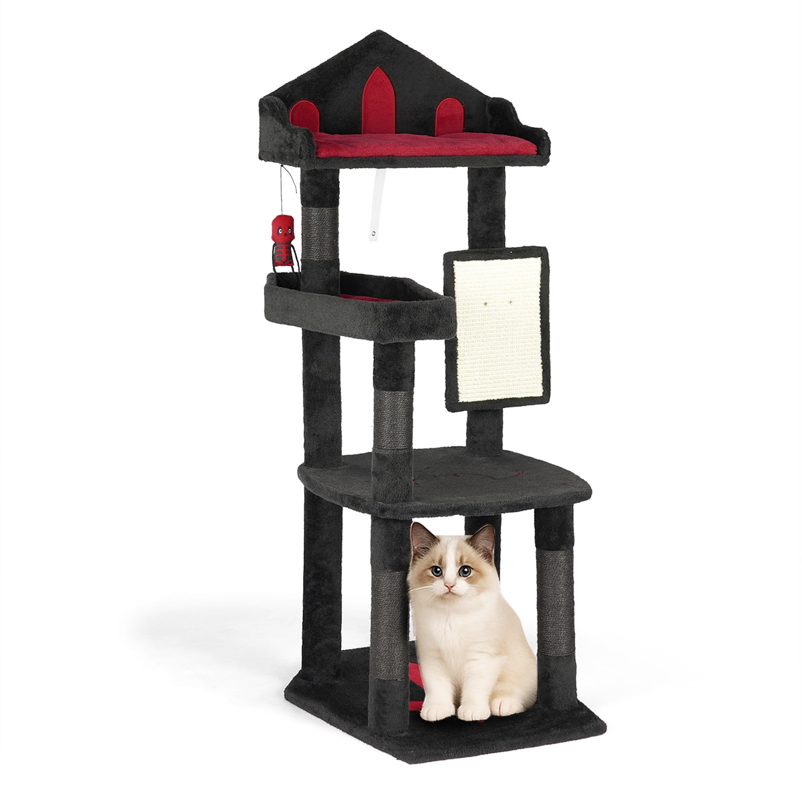 Zimtown 4-Tier Halloween Pet House with Coffin & Tombstone, Gothic Cat & Dog Mansion, Black & Red