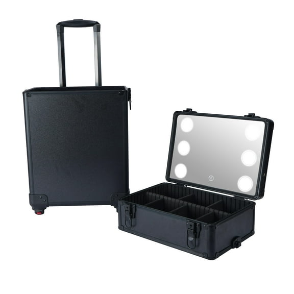 Zimtown Rolling Cosmetic Makeup Train Case, Travel Trolley for Professional with LED Bulb and Mirror, Black