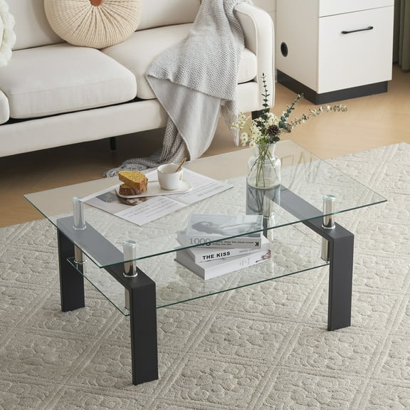 Zimtown 40'' Modern Rectangle Glass Coffee Table, 2-Tier Tea Table with Storage Shelf for Living Room, Black