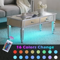 Zimtown 42'' Mirrored Coffee Table with LED Lights, 2 Drawers Rectangle Mirror Cocktail Table, Gorgeous Modern Tea Table, for Living Room, Silver