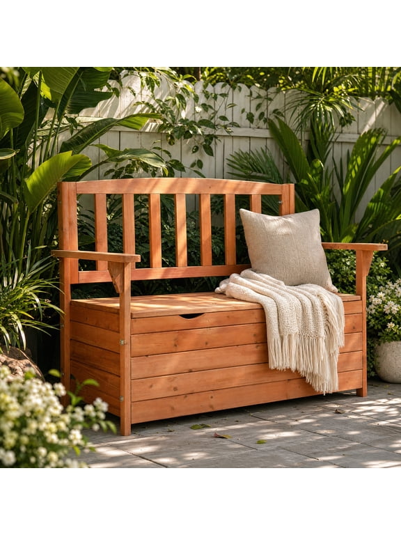 44" Outdoor Cedar Storage Bench with Backrest and Armrest, Large Patio Deck Box for Garden Tools and Cushions
