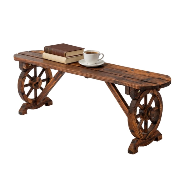 Zimtown 46in Rustic Wooden Wheel Bench Outdoor Bench, Patio Bench Wagon Slatted Seat, Weather Resistant Garden Benches for Outdoors 350lbs High Capacity, Carbonized