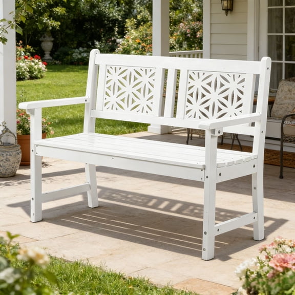 Zimtown 47" Outdoor Indoor Fir Wood Bench with Flower Backrest Patio Garden White