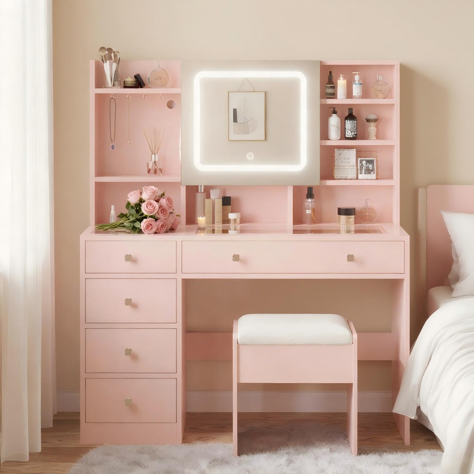 Zimtown 47" Vanity Desk with Charging Station, Makeup Table with 5 Drawers, Built-in Storage Shelves and 3 Color Lights, Dressing Table Set, Light Pink