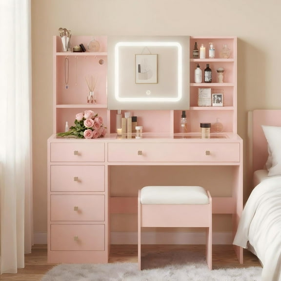 Zimtown 47" Vanity Desk with Charging Station, Makeup Table with 5 Drawers, Built-in Storage Shelves and 3 Color Lights, Dressing Table Set, Light Pink