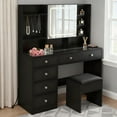 thumbnail image 1 of Zimtown 47" Vanity Desk with Charging Station, Makeup Table with 5 Drawers, Built-in Storage Shelves and 3 Color Lights, Dressing Table Set, Black, 1 of 9