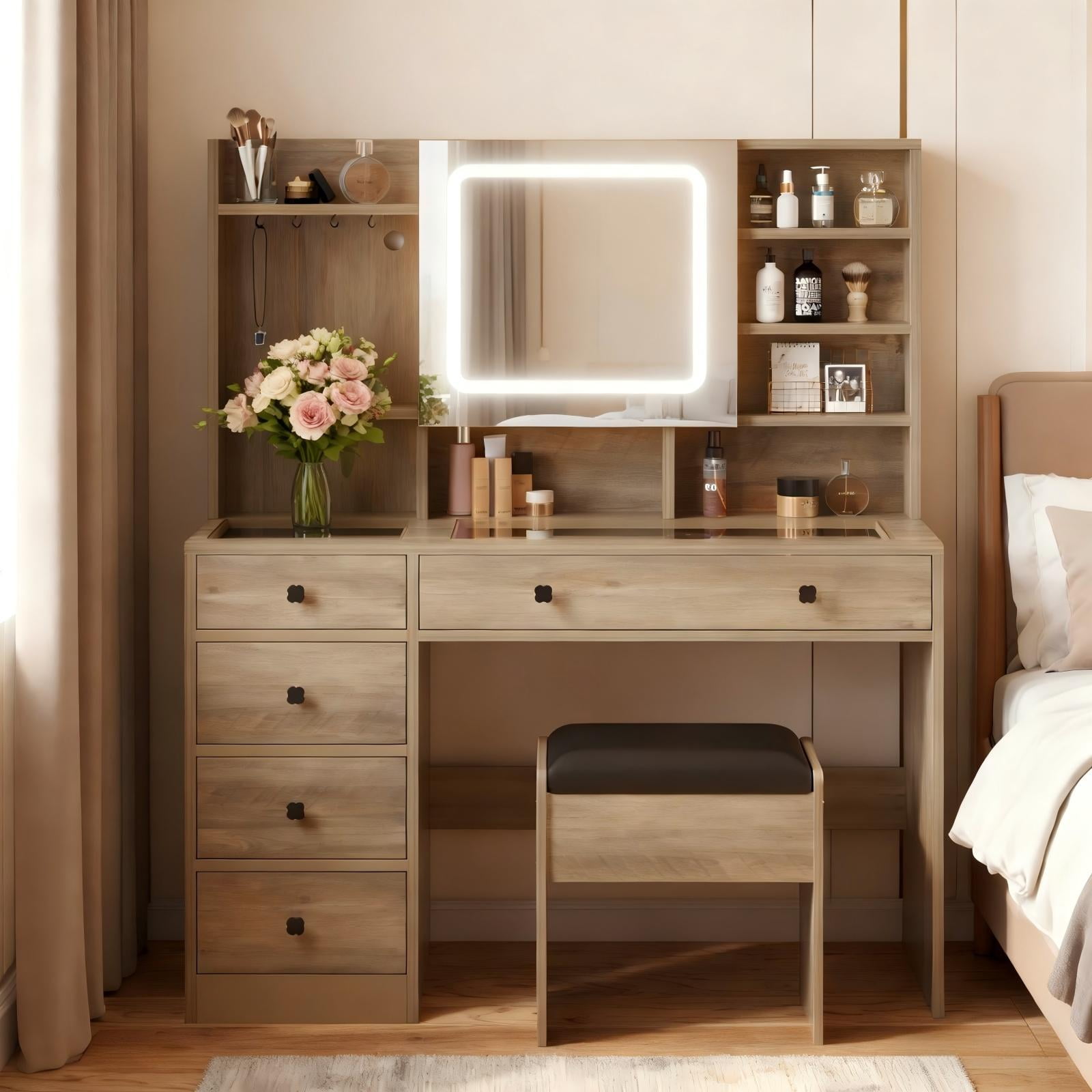 Zimtown 47" Vanity Desk with Charging Station, Makeup Table with 5 Drawers, Built-in Storage Shelves and 3 Color Lights, Dressing Table Set, Brown