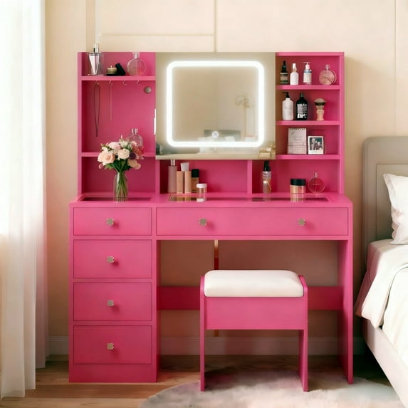Zimtown 47" Vanity Desk with Charging Station, Makeup Table with 5 Drawers, Built-in Storage Shelves and 3 Color Lights, Dressing Table Set, Pink