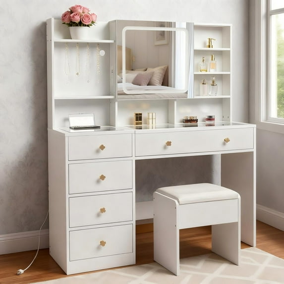 Zimtown 47" Vanity Desk with Charging Station, Makeup Table with 5 Drawers, Built-in Storage Shelves and 3 Color Lights, Dressing Table Set, White