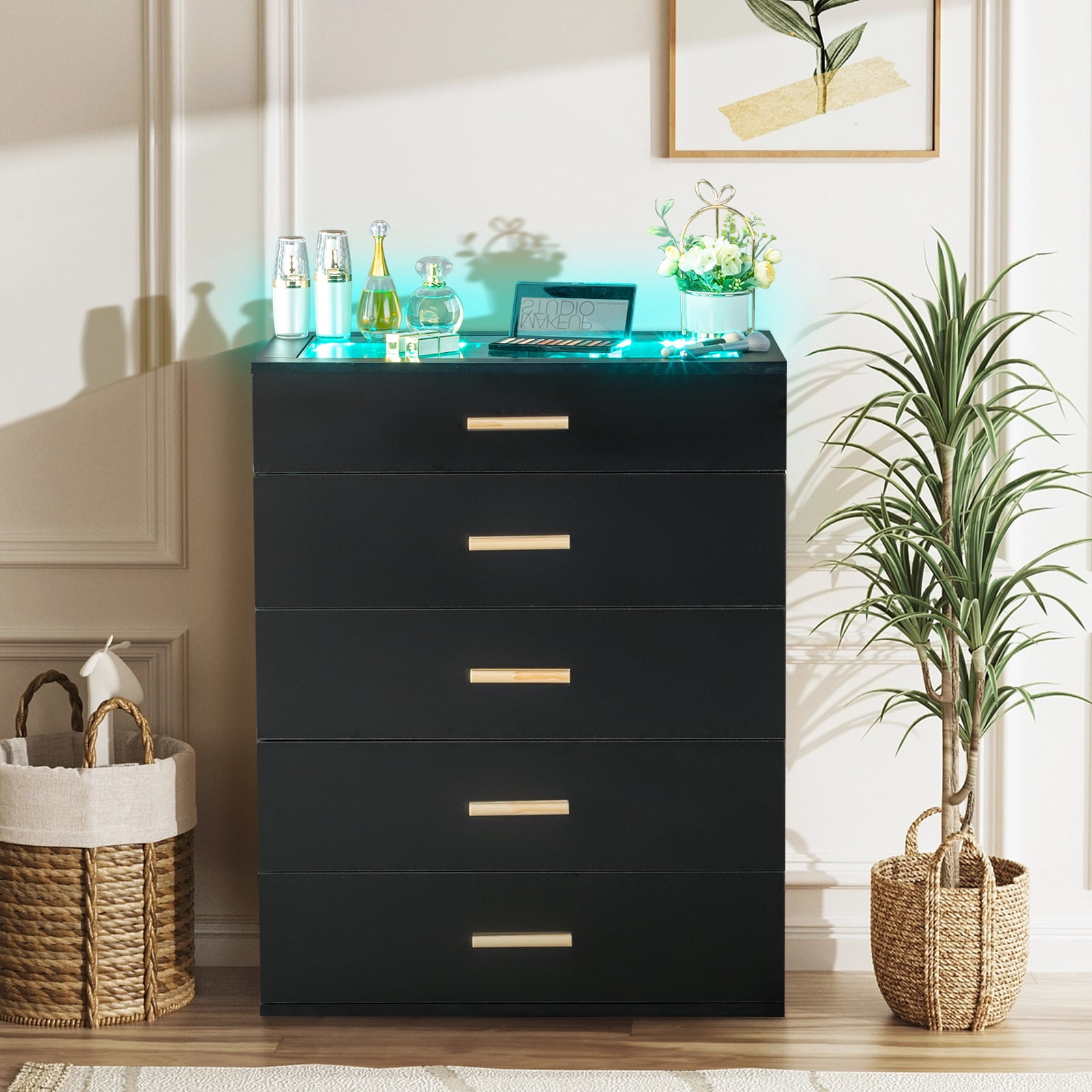 Zimtown 5 Drawers Dresser with Visual Glass Top, Wooden Storage Tower Organizer, Wide Chest of Drawers for Bedroom, Living Room, Entryway, Black Zimtown 5 Drawers Dresser with Visual Glass Top, Wooden Storage Tower Organizer, Wide Chest of Drawers for Bedroom, Living Room, Entryway, Black