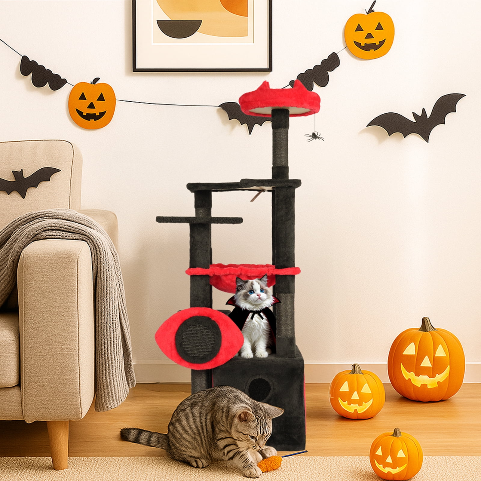 Zimtown 5-Layer Halloween Cat Tree with Scratching Post, Plush Cave Bed & Glow Eyes, Black & Red