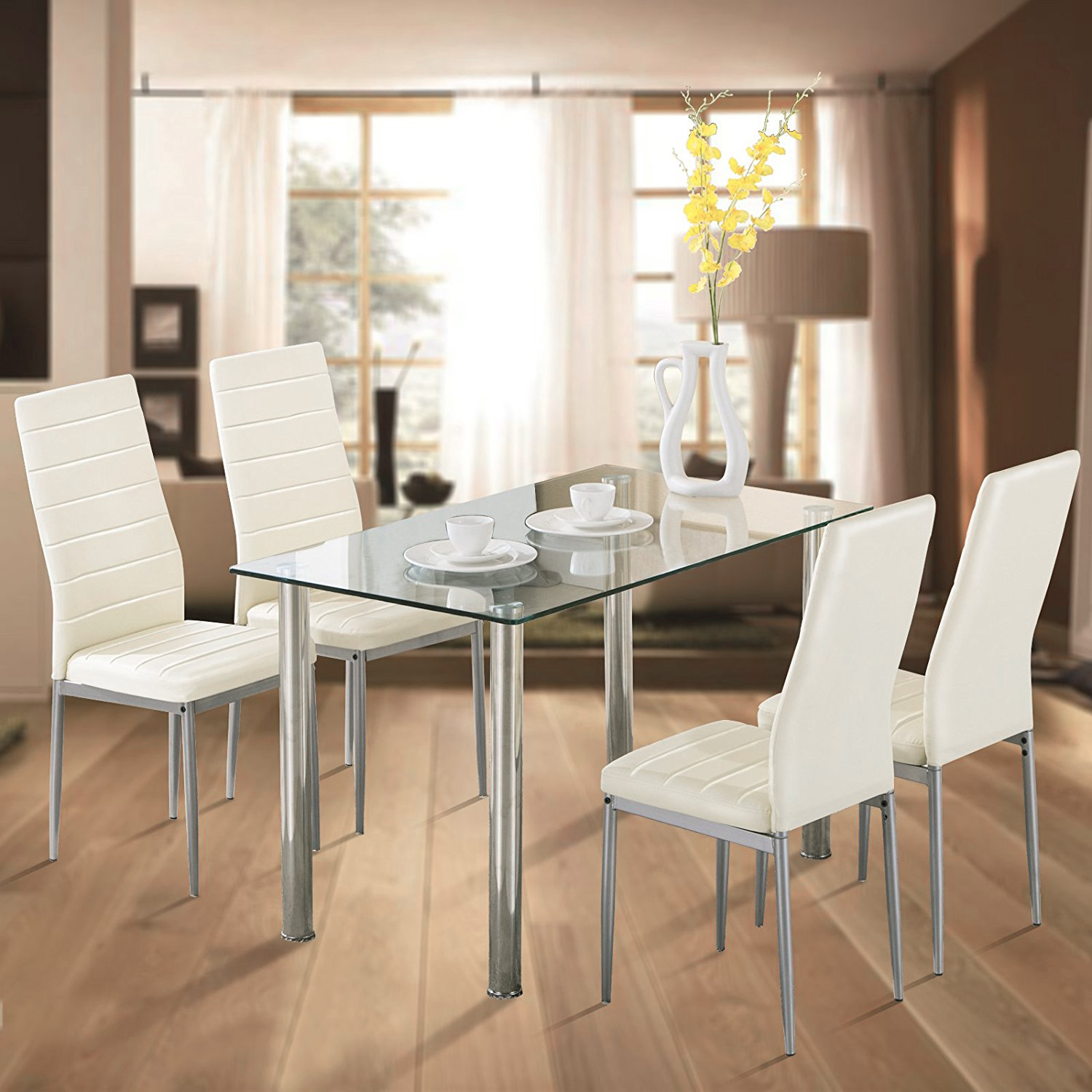 Zimtown 5 Piece Dining Table Set White 4 Chair Glass Metal Kitchen Dining Room Breakfast - image 1 of 9